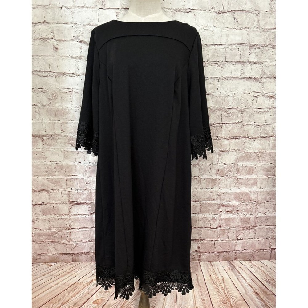 Catherine's Womens Black Ponte Knit Midi Sheath Dress Lace Trim Size 0X 14W/ 16W